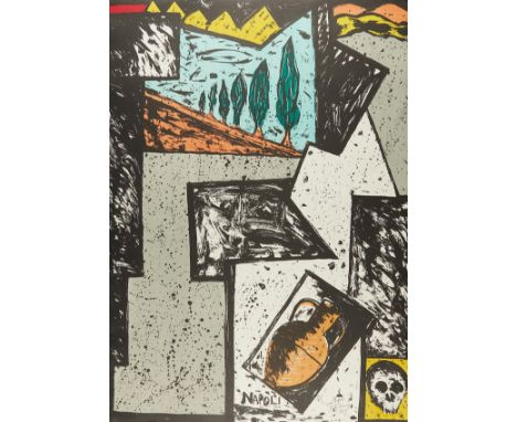 Italo Scanga (Italian/American, 1932-2001). Lithograph and woodcut on arches cover white paper print titled "Napoli" depictin