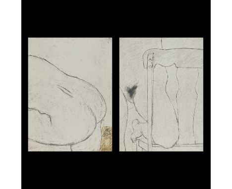 George Segal (American, 1924-2000). Group of two lithographs on paper depicting nude female figures at the waist. Each pencil