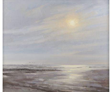 Marc R. Hanson (American, b. 1955). Oil on canvas painting titled "Skimmers" depicting a seascape with a low sun and a flock 