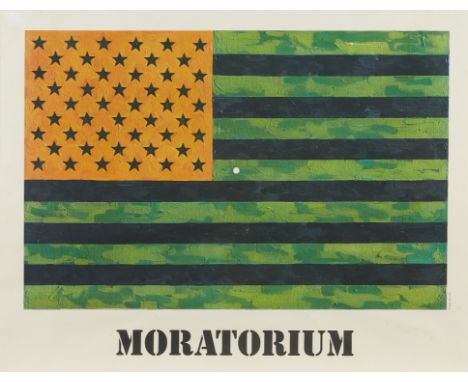 Jasper Johns (American, b. 1930). Lithograph titled "Flag (Moratorium)" depicting the American flag in orange and green with 