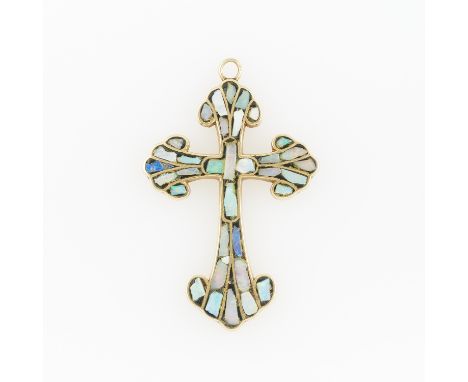 14k yellow gold budded cross, inlaid with opal fragments. Marked 14k and with F-hole marker's mark.Height: 33.55 mm x width: 