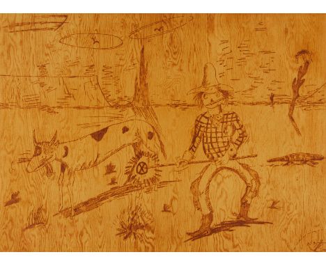 Horace Clifford Westermann (American, 1922-1981). Two-color photogravure depicting a folkloric scene of a scarecrow and a cow