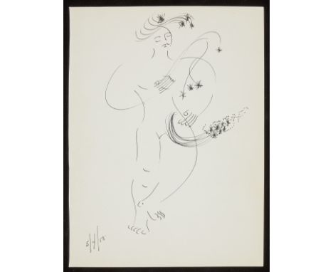 Irene Rice Pereira (American, 1902-1971). Ink drawing on paper depicting a nude dancing figure, 1958. Dated May 4, 1958 along