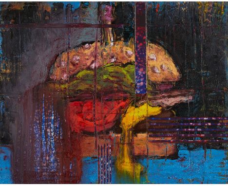 Aaron Fink (American, b. 1955). Oil on panel painting titled "Cheeseburger" depicting the titular food against a dark backgro