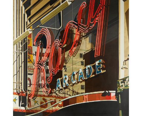 Robert Cottingham (American, b. 1935). Large lithograph on paper titled "Roxy" depicting a neon sign reading "Roxy Arcade," 2