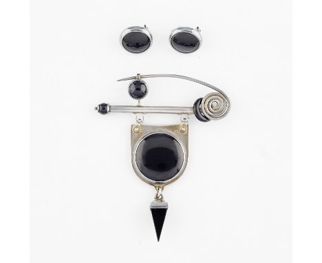 Heinz Brummel modernist onyx disc earrings bezel set with posts and omega backs, each signed "Heinz". Heinz Brummel modernist