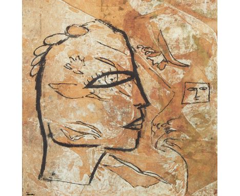 Jamali (Pakistani/American, b. 1944). Color lithograph depicting a surrealist face against a tan background. Signed along the