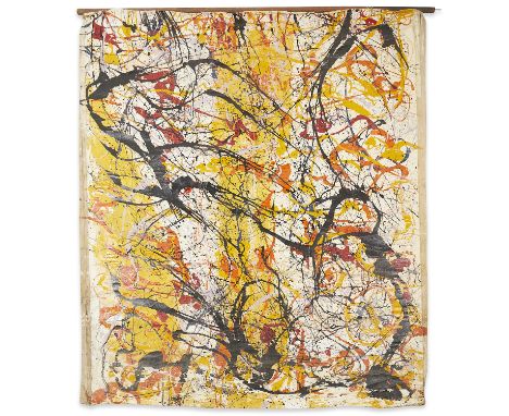 Very large oil on canvas painting in yellow, orange, red, and black in the style of Jackson Pollock (American, 1912-1956). Th