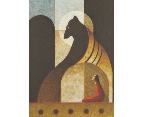 Joe Geshick (Miskakeebaneesh) (Ojibwe, 1943-2009). Giclee on canvas titled "Bear Clan" depicting a figure within a bear, 2000