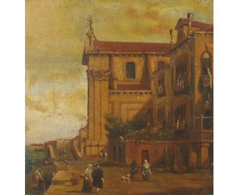 Louis Eugene Lami (French, 1800-1890). Oil on panel painting depicting a city street. Signed along lower left. The work is ad