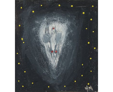 Gregory Van Mannen (American, b. 1957). Acrylic on board painting titled "Spell/Remedy/Soul" depicting a white, skull-like sh