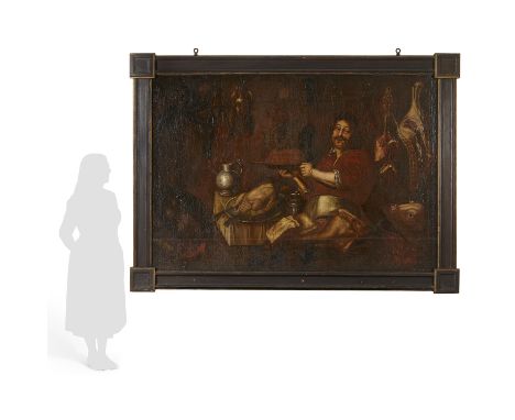 Large Old Master oil on canvas painting depicting a butcher in his shop surrounded by meats and tools of his trade, likely no