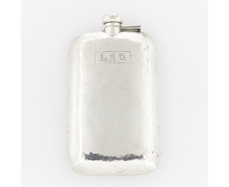 Art Deco style hammered sterling silver flask monogrammed "L.A.D." in a cartouche along the side. Marked "Sterling 3203 5/8PT