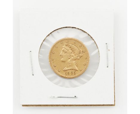 1905 five dollar Liberty Head gold coin. Designed by Christian Gobrecht.Diameter: 21.50 mm. Weight: 8.27 grams.br/&gt;Conditi