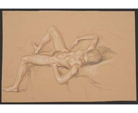 Paul Cadmus (American, 1904-1999). Crayon on paper drawing depicting a reclining female nude. Signed along the lower right.Pr