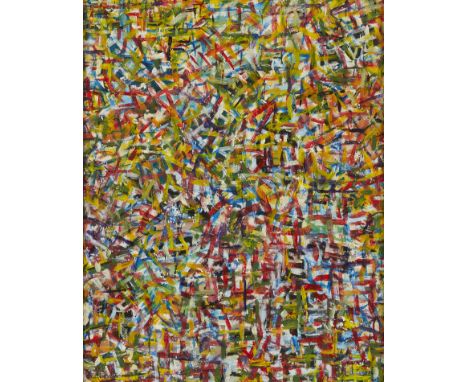 George Chann (Chinese/American, 1913-1995). Oil on board abstract painting depicting a multitude of short lines in yellow, gr