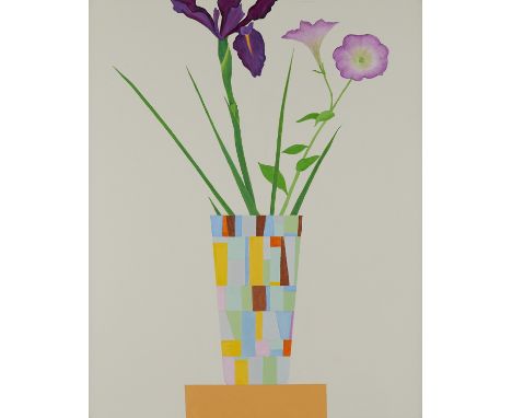 Ed Baynard (American, 1940-2016). Oil on canvas painting titled "Composition with Two Purple Flowers" depicting a colorful va