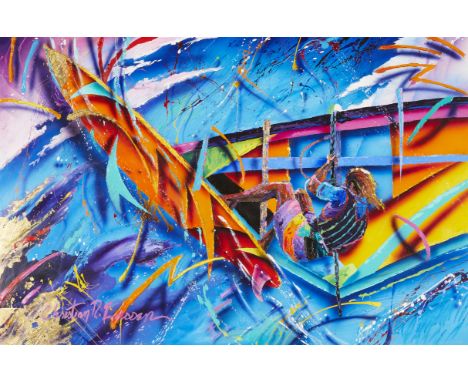 Christian Riese Lassen (American, b. 1956). Oil on canvas painting titled "Wind Surfer" depicting a colorful abstract composi