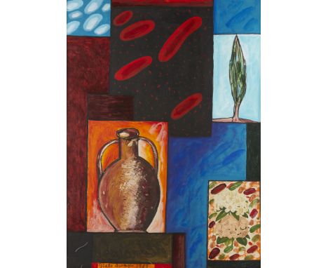 Italo Scanga (Italian/American,1932-2001). Acrylic on paper painting depicting an abstracted scene of a vase, 1989. Signed an