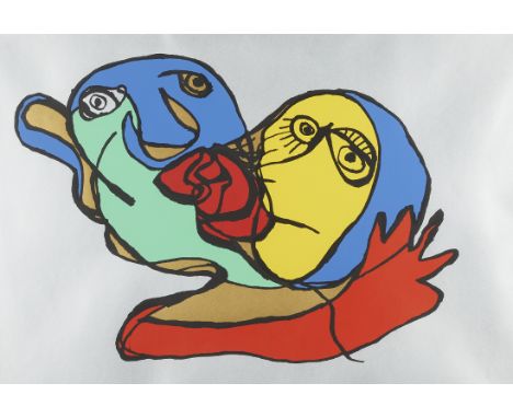 Christiaan Karel Appel (Dutch, 1921-2006). Large silkscreen on paper titled "The Silver Kiss" depicting two colorful abstract