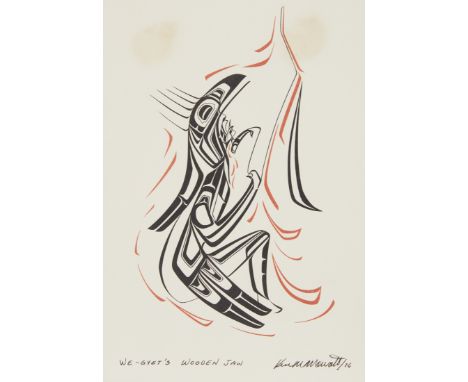 Ken Mowatt (Tsimshian, b. 1944). Silkscreen print on paper titled "We-Gyet's Wooden Jaw" depicting a figure in profile, 2016.