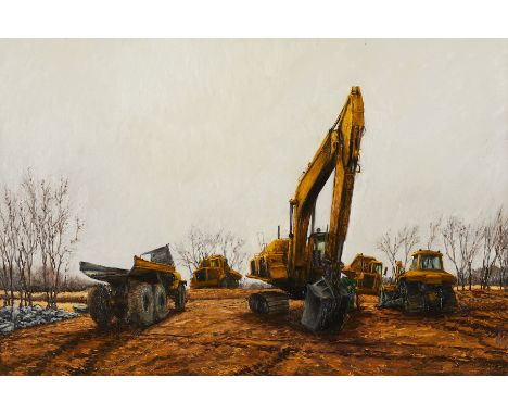 Rod Massey (American, b. 1949). Oil on panel painting titled "Waiting Construction Equipment" depicting five large constructi