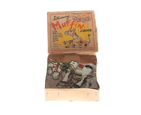 Moko Muffin the Mule puppet, circa 1950's, in card box titled 'Introducing Muffin Junior'