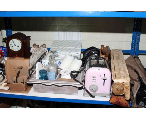 Edwardian mantel clock, toaster, vacuum, Vanguard tripod, coat rack, watches, etc
