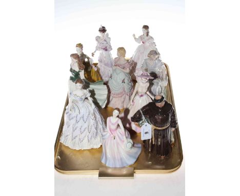 Royal Doulton Jovial Monk figure, Wedgwood figure, three Royal Worcester figures, four Coalport figures and Doulton Pretty La