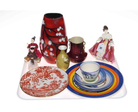 Three Royal Doulton figures, Poole, Carlton and Wedgwood vases, Wedgwood Clarice Cliff trio, Staffordshire Moorland plate and