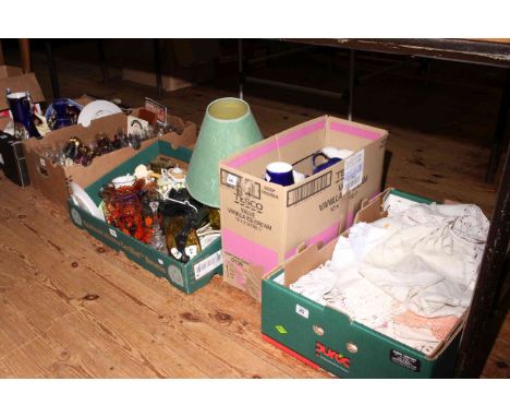 Five boxes of assorted glass, china, linen, lamp, etc