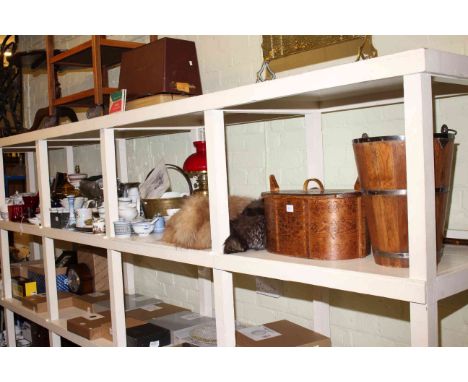 Full shelf of china, dinnerware, furs, wood fish kettle, wood bucket, firescreen, jam pan, glassware, waking sticks etc