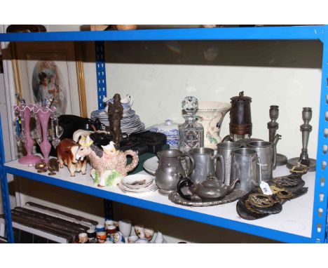 Pair of table lustres, vintage telephone, blue and white dinner ware, miners lamp, horse brasses, pewter, etc