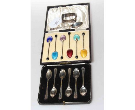 Set of six silver and enamel coffee spoons, silver napkin ring, six silver coffee spoons and one silver spoon