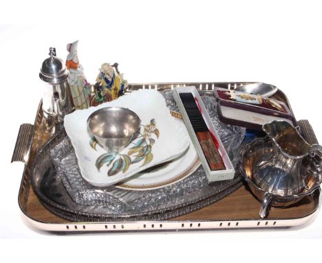 Assorted silver plated ware, boxed medal, fan, figures, etc