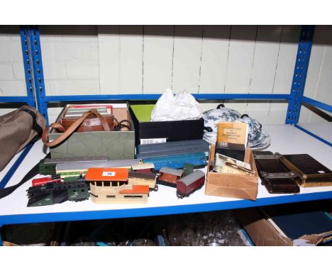 Model railway accessories, binoculars, dinnerware, tie press, cigarette box and collectables