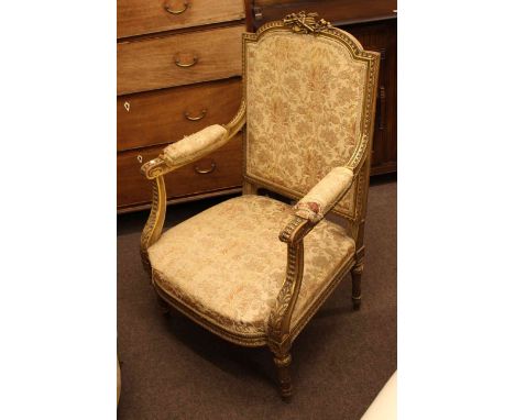 French gilt arched panel back open armchair