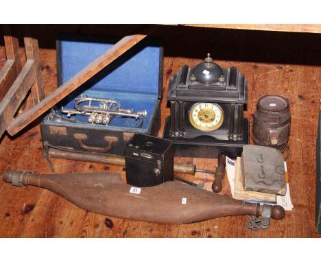 Victorian slate clock, cornet in case, yoke, box camera, cigarette cards, etc