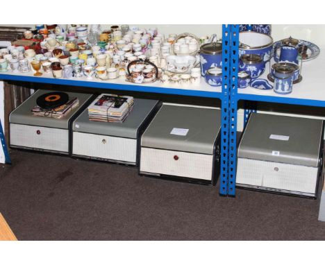 Four vintage Bush record players and collection of single records