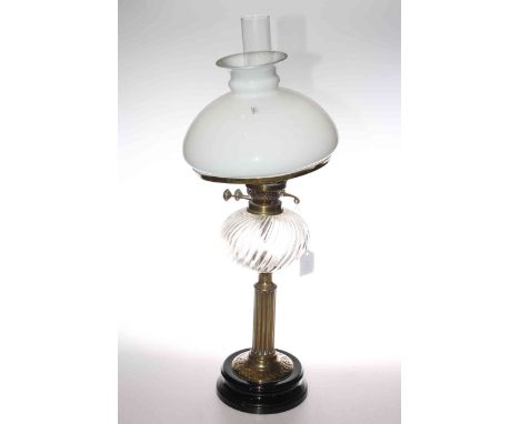 Brass reeded column oil lamp with clear reservoir and opaque shade