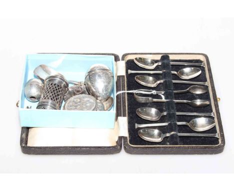 Set of six silver teaspoons, cased with tongs; silver lighter, etc
