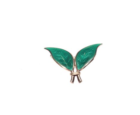 Scandinavian sterling silver and green enamel double leaf brooch by David Anderson