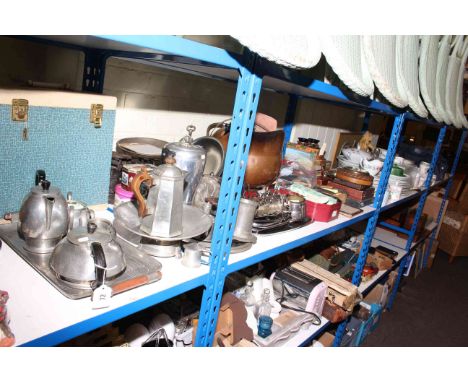 Collection of pewter, copper scuttle, barometer, cameras, Oriental vases, cloisonne vase, various china, cutlery, etc