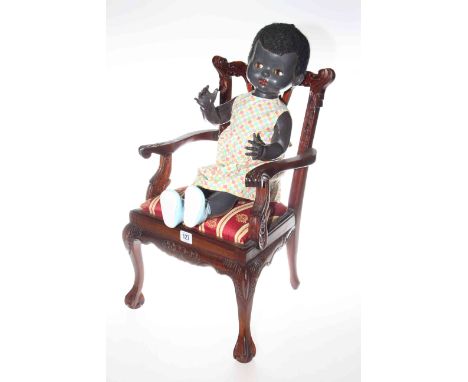 Chippendale style dolls chair and vintage coloured doll