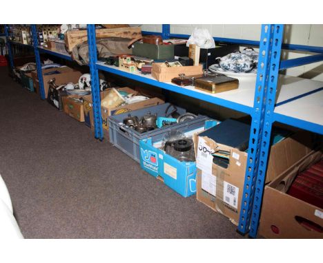 Ten boxes of glass, china, metalware, slate clock, books, etc