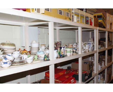 Full shelf of china, glassware, cutlery, metalware, tea and dinner ware, etc