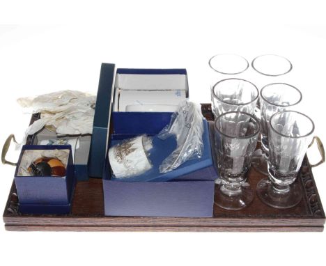 Six ale glasses, commemorative mug, Royal Worcester cup and saucer, dish and vase and table lighter