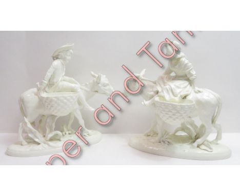 A pair of 19th century Moore Brothers ceramic salt cellars, of a male and female riding a donkey, each stamped “Moore” to the