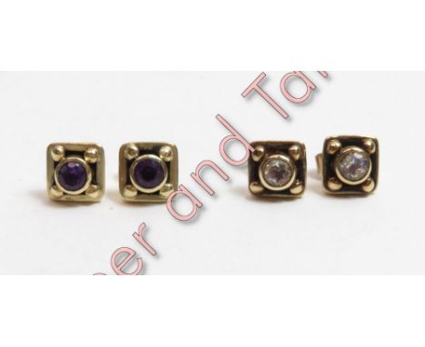 A pair of 9 carat gold amethyst earstuds, set to a square frame with a bead to each corner; with another similar pair of ears