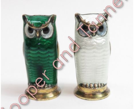 A pair of David-Andersen silver and enamel owl peppers, stamped 'D-A NORWAY STERLING 925S', 5.6 cm high, 50 g gross